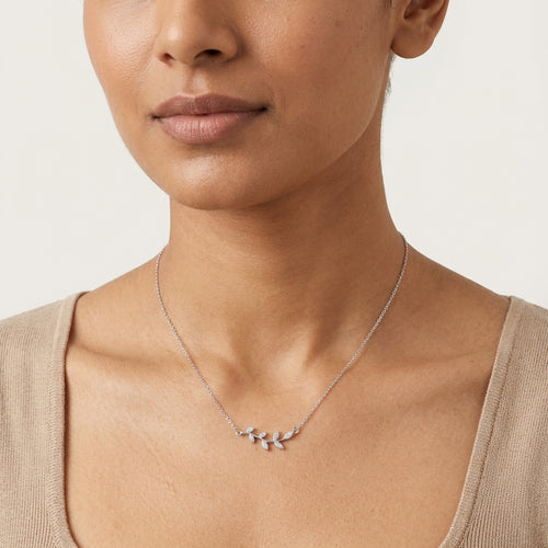 Minimal Leaf CZ Silver Chain Necklace