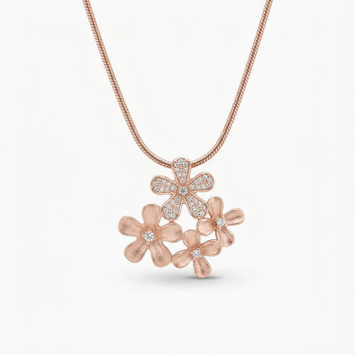 Rose Gold Floral CZ Silver Pendant with Chain