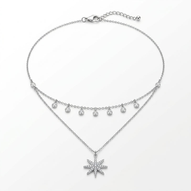 Layered Star Charm Silver Necklace
