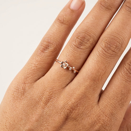 Rose Gold Floral CZ Adjustable Silver Ring