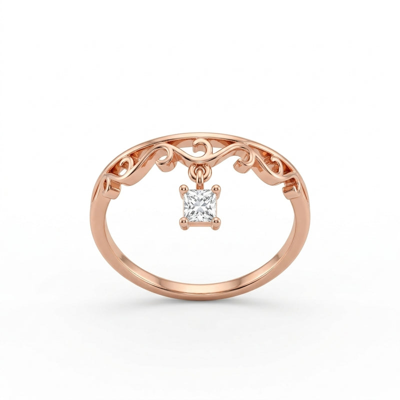 Rose Gold Dangle Charm CZ Adjustable Silver Ring