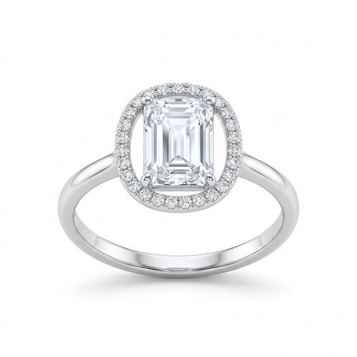 Emerald Cut CZ Halo Silver Ring