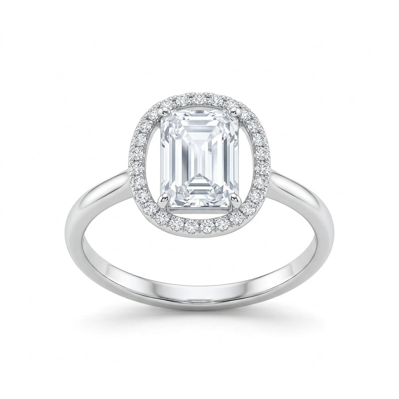 Emerald Cut CZ Halo Silver Ring