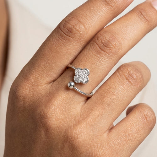 Clover Spark CZ Adjustable Silver Ring