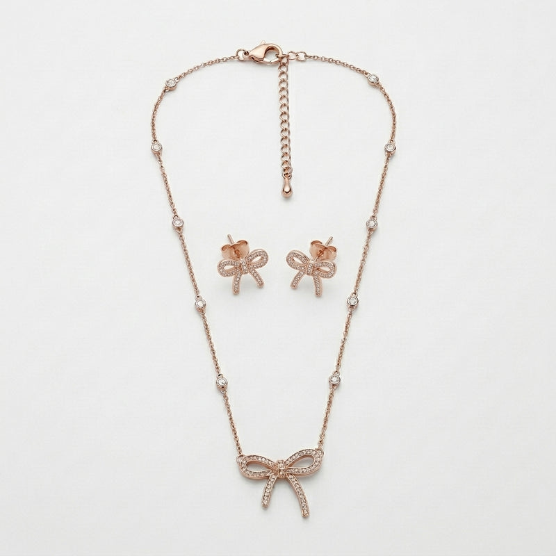 Elegant Bow CZ Rose Gold Necklace & Earrings Set