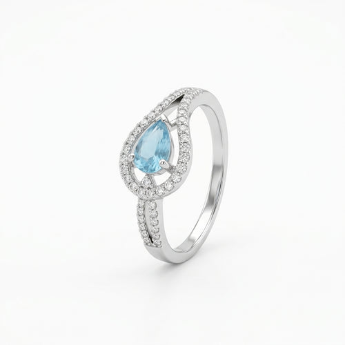 Teardrop Blue CZ Halo Silver Ring