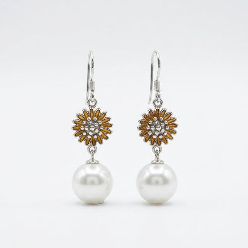 Golden Bloom Pearl Drop Silver Earrings
