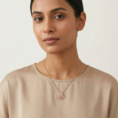 Rose Gold Floral CZ Silver Pendant with Chain