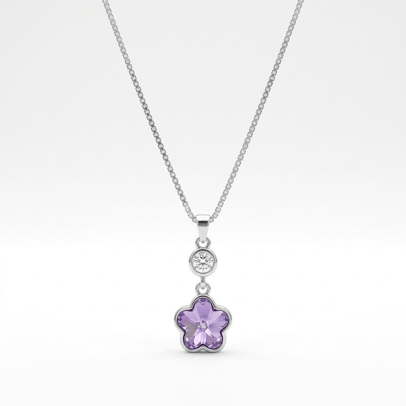 Floral Crystal Drop Silver Necklace