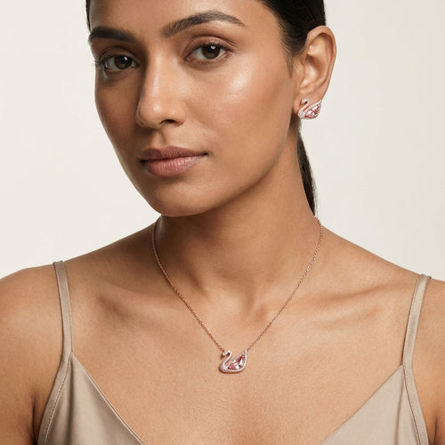 Rose Gold Swan CZ Silver Necklace & Earrings Set