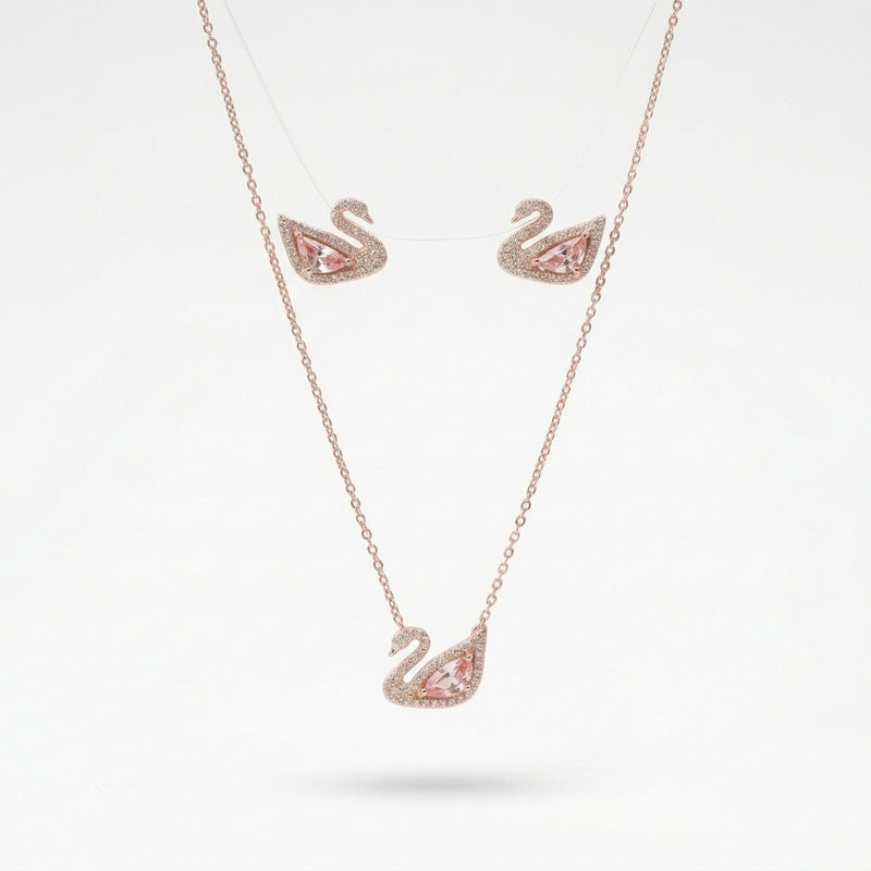 Rose Gold Swan CZ Silver Necklace & Earrings Set
