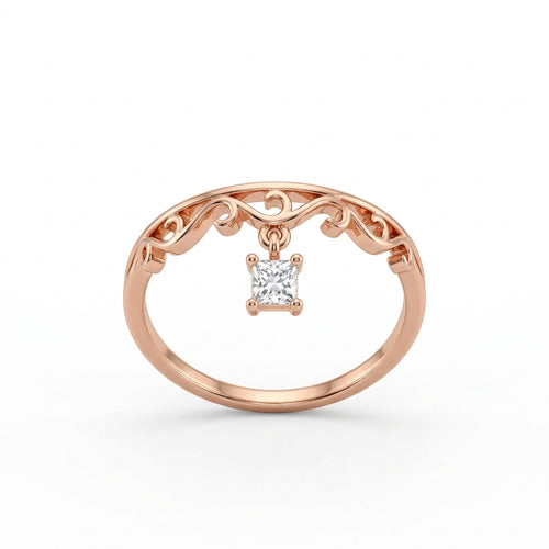 Rose Gold Dangle Charm CZ Adjustable Silver Ring
