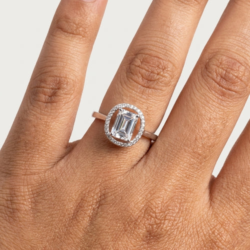 Emerald Cut CZ Halo Silver Ring