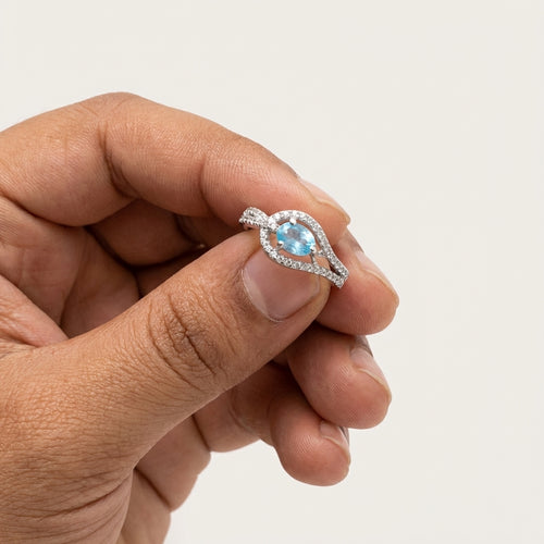 Teardrop Blue CZ Halo Silver Ring
