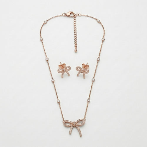 Elegant Bow CZ Rose Gold Necklace & Earrings Set