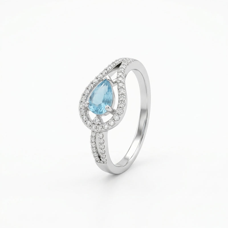 Teardrop Blue CZ Halo Silver Ring
