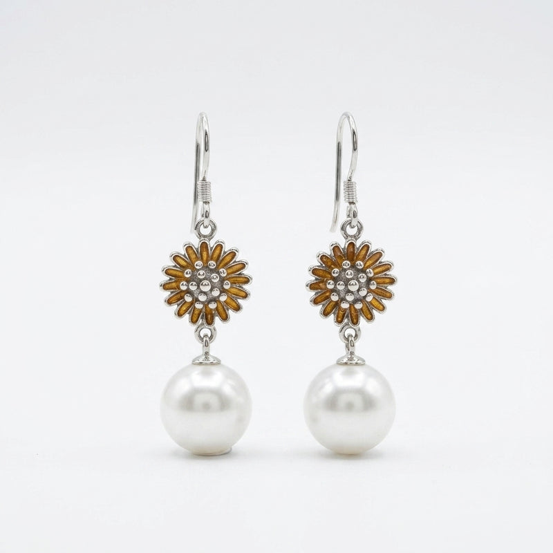Golden Bloom Pearl Drop Silver Earrings